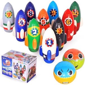 Nattork Rocket Kids Bowling Set - Toddler Bowling Game Indoor Outdoor with 10 Foam Pins 2 Balls, Educational Games Set for Age 4-5,5-12 Kids Birthday Gift