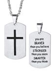 Bestyle Stainless Steel Cross Necklace for Boys Men Dog Tag Chain Cross Bible Verse Jesus Pendant Chain You are Braver Stronger Samarter Inspirational Necklace Gift for Son