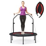 GYMAX 40" Mini Fitness Trampoline, Foldable Exercise Rebounder with 2 Resistance Bands and 4-level Adjustable Foam Handrail, Indoor/Outdoor Gym Trampolines for Kids Adults (Red+Black)