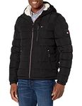 Tommy Hilfiger Men's Midweight Sherpa Lined Hooded Water Resistant Puffer Jacket Coat, Black Tech, S