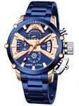 MEGALITH Mens Watch Blue Stainless Steel Chronograph Waterproof Fashion Watch Heavy Duty Watches for Men Metal Luminous Multifunctional Cool Designer Gents Wrist Watches