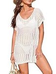 AI'MAGE Beachwear Women Bikini Cover Ups V Neck Short Swimwear Knitted Cutout Beach Dress Crochet Summer White L