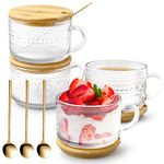 4 Set Vintage Glass Coffee Mugs with Bamboo Lids and Spoons,16 Oz Embossed Glassware with Handle,Cute Tea Cups Bar Accessories for for Cappuccino, Latte, Tea, Cereal (Clear)