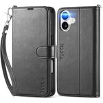 TUCCH Wallet Case for iPhone 16 6.1" 5G, [Wrist Strap] Kickstand RFID Blocking 4 Card Slots Magnetic Closure, PU Leather Shockproof TPU Shell Compatible with iPhone 16 2024, Black with Wristlet