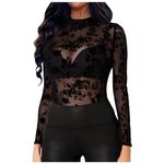 Mesh Tops for Women Long Sleeve Mock Neck Fitted Sexy Top See Through Tee Going Out Tops Cute Lace (2-A, M)