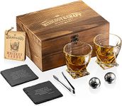 Mixology Glass & Whiskey Stones Set – Two 10oz Glasses w/ 2 Stainless Steel Balls Wooden Box - Bourbon Gifts for Men, Dad, Husband, Boyfriend, Groomsmen, Birthday Ideas﻿