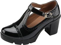 PPXID Women's T-Strap Mary Jane Pumps Dress Oxfords Mid Block Heel Platform Court Shoes Patent Black 4.5 UK