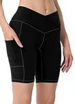 ALONG FIT Buttery Soft 8" Crossover Biker-Shorts Women with Pockets High Waisted Tummy Control Yoga Gym Workout Leggings