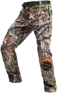 FREE SOLDIER Men's Fleece Lined Outdoor Cargo Hiking Pants Water Repellent Softshell Snow Ski Pants with Zipper Pockets (Hunting Camo 44W x 30L)