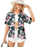 LA LEELA Women's Funky Aloha Beach Blouse Hawaiian Tropical Tops Short Sleeve Shirts for Women, Denim, Tropical, Medium