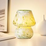 Mushroom Lamp, Small Table Lamp for Bedroom with Green Striped Glass, Cute Bedside Lamp Crystal Night Light for Living Room End Table Office Desk Kitchen Aesthetic Home Decor Gifts(LED Bulb Included)