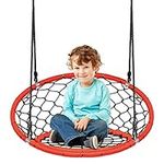 COSTWAY Web Swing Chair, Kids Tree Net Swings with Length Adjustable Ropes, Round Hanging Seat Nest Swing for Park Backyard Playground (Orange)