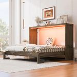 Siemd Queen Size Bed Frame with LED, Foldable Murphy Bed with Storage Shelf, Hidden Wall Bed Cabinet, No Box Spring Needed, Easy Assembly, Brown, Without Mattress