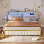 Bestier King Bed Frame with Vertical Channel Tufted Headboard and Charging Station, Foldable Bedside Shelves Storage, LED Metal Platform Bed, Easy Assembly, Golden, White Oak