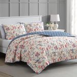 MARTHA STEWART King Size Quilt Bedding Set - 3 Piece, Soft Washed Microfiber, Printed Bedspread, Reversible, All Season, 1 Quilt, 2 King Pillow Shams, Blue, White & Red, Painted Floral Print