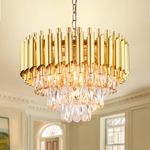 FRIXCHUR 15.7'' Crystal Chandelier Lights Modern Gold Pendant Light 3-Tier Crystal Chandelier Light Fixture Raindrop Flush Mount Ceiling Light for Bedroom Living Room E14x5 Bulb（Not Includ Bulb）