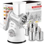 Cheese Grater, Geedel Vegetable Slicer with 5 Replaceable Blades, Rotary Grater for Cheese Cucumber Potato Nut, Ice Crusher for Smoothie Ice Cream, Grater for Kitchen Faster and Easier Cutting, White