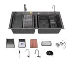 Fossa 47"x18"x10" Double Bowl Waterfall Kitchen Sink Honeycomb Embossed Sink with Black Nano Coating, Stainless Steel, Rectangular Workstation, Faucet With Included All Accessories. (Black)