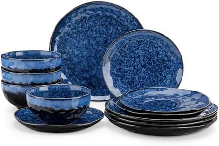vancasso Starry 12 Pieces Dinnerware Set, Plates and Bowls Set for 4, Stoneware Plates Set, Dishwasher and Microwave Safe, Blue