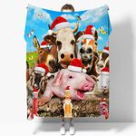 AUSMART Funny Farm Animal Party Selfie with Santa Hats Throw Blanket Flannel Microfiber Luxury Warm Soft Cozy Blanket for Couch, Car, Bed Sofa Dorm Water Beds Gift Medium 60x50In（Travel） Teens