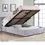 Velvet Ottoman Storage Bed, Happy Beds Berlin Steel Silver Crushed Velvet Fabric Modern Bed - 4ft Small Double (120 x 190 cm) Frame Only