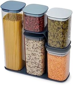 Joseph Joseph Podium Bocaux Hermétiques Lot de 5, Boîtes de Conservation des Aliments Cuisine avec Support et Couvercle, Tranparent/Bleu