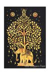 Shoppers Point® Good Luck Wealth Elephant Under Tree | Tie Dye Ethnic Decorative Wall Hanging/Bohemian Tapestry/Poster (Cotton Fabric, 40X30 INCH, Multicolour, GLWE-001)