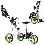 Tangkula Golf Push Cart with Seat, Lightweight Collapsible 3 Wheels Golf Pull Cart, Golf Trolley with Scoreboard Bag Foot Brake, Cup & Umbrella Holder, Height-Adjustable Handle, Golf Push Pull Cart