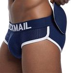 JOCKMAIL Mens Underwear Briefs Mesh Mens Padded Underwear brief with Hip Pad Men's undewear, Navy, Large