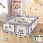 MONSTECH Large Baby Playpen 150x180 cm – Playpen for Baby up to 5 Years with Anti-Fall Rings, Grey Color, Playful Prints, Safety Lock, Breathable Mesh, Kids Activity Center – Play Pen (No Mat)