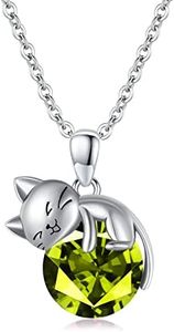 SLIACETE 925 Sterling Silver Cat Necklace for Women Girls Cute Cat Jewelry Gifts for Cat Lovers, Sterling Silver, Peridot