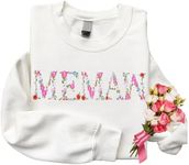 Regamor Embroidery Floral Memaw Sweatshirts For Grandma Gift Sweatshirt From Grandkids Flower Gift Mothers Day Christmas, White, Medium