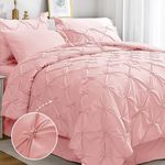 JOLLYVOGUE Queen Comforter Set - Pintuck Pink/Ivory 7 Piece Bed in a Bag Comforter Queen - Bedding Set with Comforter, Sheets, Ruffled Shams & Pillowcases for Bedroom