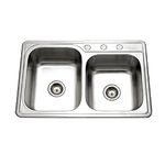 Houzer ISL-3322BS3-1 Glowtone Series Topmount Stainless Steel 3-Hole 60/40 Double Bowl Kitchen Sink