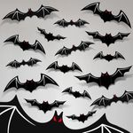 AKEROCK Bats Halloween Decorations Indoor, 90 Pcs 3D Bats for Halloween Decor, Halloween Bats Wall Decor with Glow in The Dark Eyes & Skeleton, 3 Styles in 3 Sizes Each, 136 Pcs of Tape Included