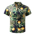 OCHENTA Men & Boys Lightweight Button Down Hawaiian Shirt, Floral Short Sleeve Aloha Tropical Dress Tops, B Blue Lemon, 8-9 Years