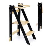 SOINMTY Foldable Toddler Tower, Wooden Montessori Learning Tower, Kitchen Helper Tower for Toddler, 2-Level Height Adjustable Toddler Step Stool for Kids 2-6 Years.(Black)