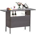 Giantex Outdoor Patio Rattan Wicker Bar Counter Table with 2 Steel Shelves, 2 Sets of Rails Garden Patio Furniture, 55.1"X18.5"X36.2"(LXWXH), Brown