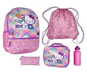 Accessory Innovations, LLC Hello Kitty Travel Backpack Neon Rainbows Magic Sequins 5 Piece Set Lunch Bag Cinch Bag Gadget Case Water Bottle, Pink, One Size, Art Deco