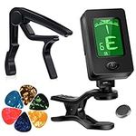 MOREYES Guitar Capo Tuner Clip On Guitar, Bass, Violin, Ukulele Chromatic with Picks (Tuner and Black Capo)