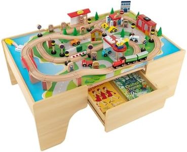 INFANS Train Table, 84 Pieces Wooden Kids Activity Toy Table Playset with Reversible Detachable Tabletop, Tracks, Train, Railway, City, Gift for Toddler Boys Girls Ages 3+ (38” x 24.5” x 15.5”)