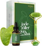 100% Natural Jade Stone Roller and Gua Sha Set with Vitamin C Serum | Great for Eye Puffiness Treatment, Skin Tightening, Anti Aging, Rejuvenate Face & Neck | Beauty Gift for Women (Green)