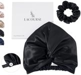 LaCourse Anti-Slip Adjustable Real 22 Momme 100% Mulberry Silk Bonnet with Scrunchie for Sleeping Women, Double-Layered Silk Hair Bonnet for Curly Hair, One Size (21-24" Head Size), Black