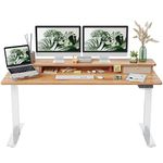 FEZIBO Height Adjustable Electric Standing Desk with Double Drawer, 150 * 60cm Stand Up Table with Storage Shelf, Sit Stand Desk with Splice Board, White Frame/Light Brown Top