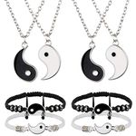 8 Pieces Yin and Yang Friend Necklace Bracelet Bff Couple Friendship Relationship Matching Yin Yang Necklace Bracelet Adjustable Handmade Cord Bracelet for Girlfriend Boyfriend Women Men, Black and White, Medium