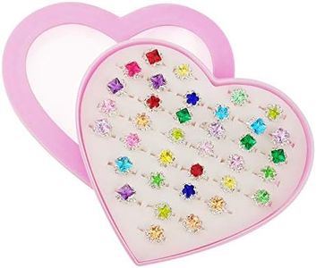 SUNMALL 36 pcs Little Girl Play Rings, Adjustable Rhinestone Gem Rings in Box, Children Kids Jewelry Rings Set with Heart Shape Display Case, Girl Pretend Play and Dress up Rings for Kids