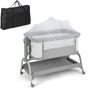 BABY JOY 4 in 1 Baby Bassinet with Mattress, Baby Bedside Sleeper w/Rocking Mode, 6 Adjustable Height, Mosquito Net & Lockable Wheels, Portable Baby Cradle Travel Crib w/Carry Bag (Light Grey)