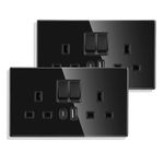 UPROZIL 2 Pack Black Double Switched Socket with USB A & Type C Charging Ports,13 Amp Wall Plug Socket with Crystal Black Glass Panel,Wall Outlet Electric Power Socket