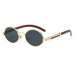 YAMEIZE Retro Round Wood Sunglasses for Women and Men Small Oval Vintage Metal Frame Wooden Temple Sunglasses UV400