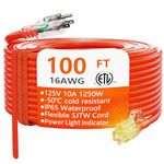 HUANCHAIN 100 ft 16/3 Gauge Outdoor Extension Cord Waterproof with Lighted, Flexible Cold Weather 3 Prong Power Cord Outside, 10A 1250W 125V 16AWG SJTW, Orange, ETL Listed